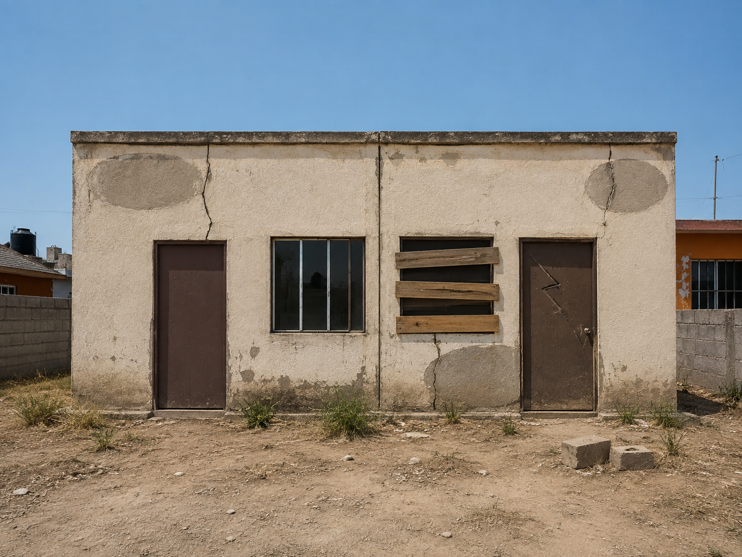 Casa en mal estado antes de remodelar: muros manchados, grietas y ventanas con rejas oxidadas