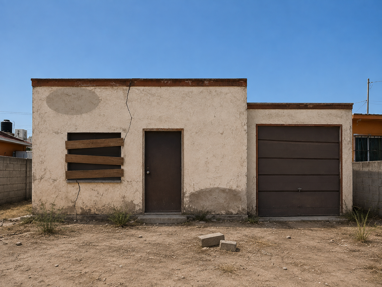 Casa abandonada con adeudos: cochera con portón vencido, ventana tapiada y patio con escombro