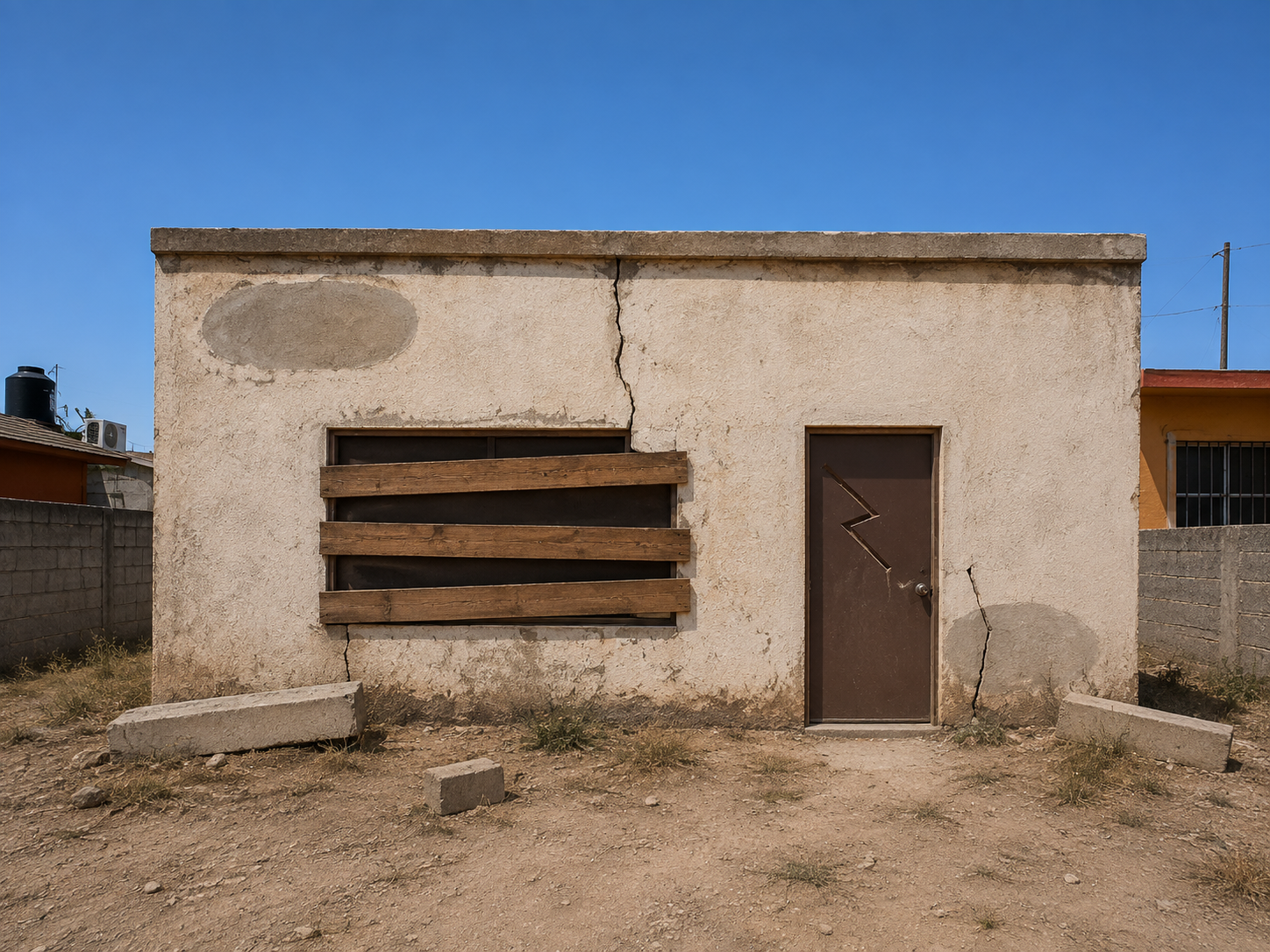 Vivienda de interés social con deuda Infonavit antes de remodelar: ventanal tapiado, barda caída y patio con escombro