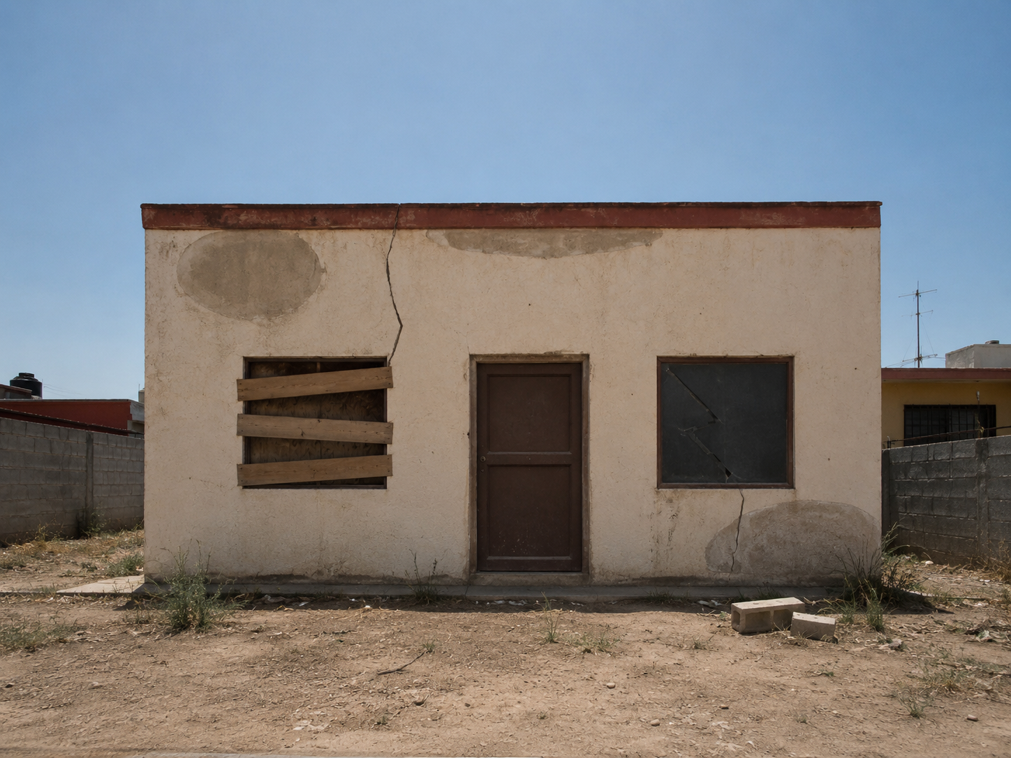 La misma casa con crédito Infonavit antes de la remodelación: fachada deteriorada, ventana tapiada y patio con hierba crecida