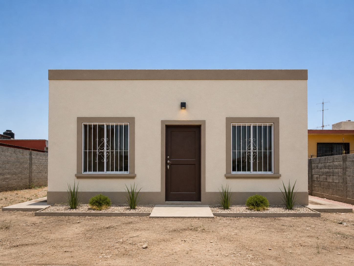 Casa de interés social después de la rehabilitación: fachada pintada, ventanas y puerta nuevas, patio limpio
